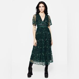 Disturbia Glimmer Embroidered Sequin Lace Angel Sleeve Midi Dress